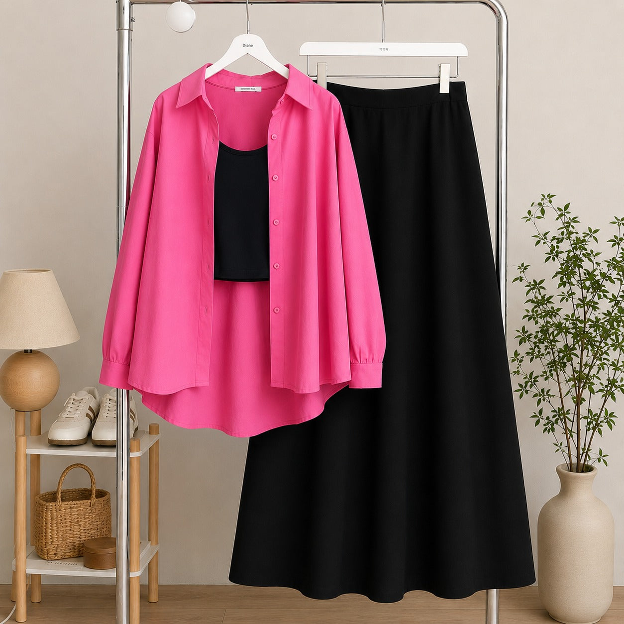 Hot-Pink Button Down Shirt & Black Inner & Black Flowy Maxi Skirt