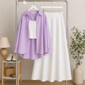 Lilac Button Down Shirt & White Inner & White Flowy Maxi Skirt