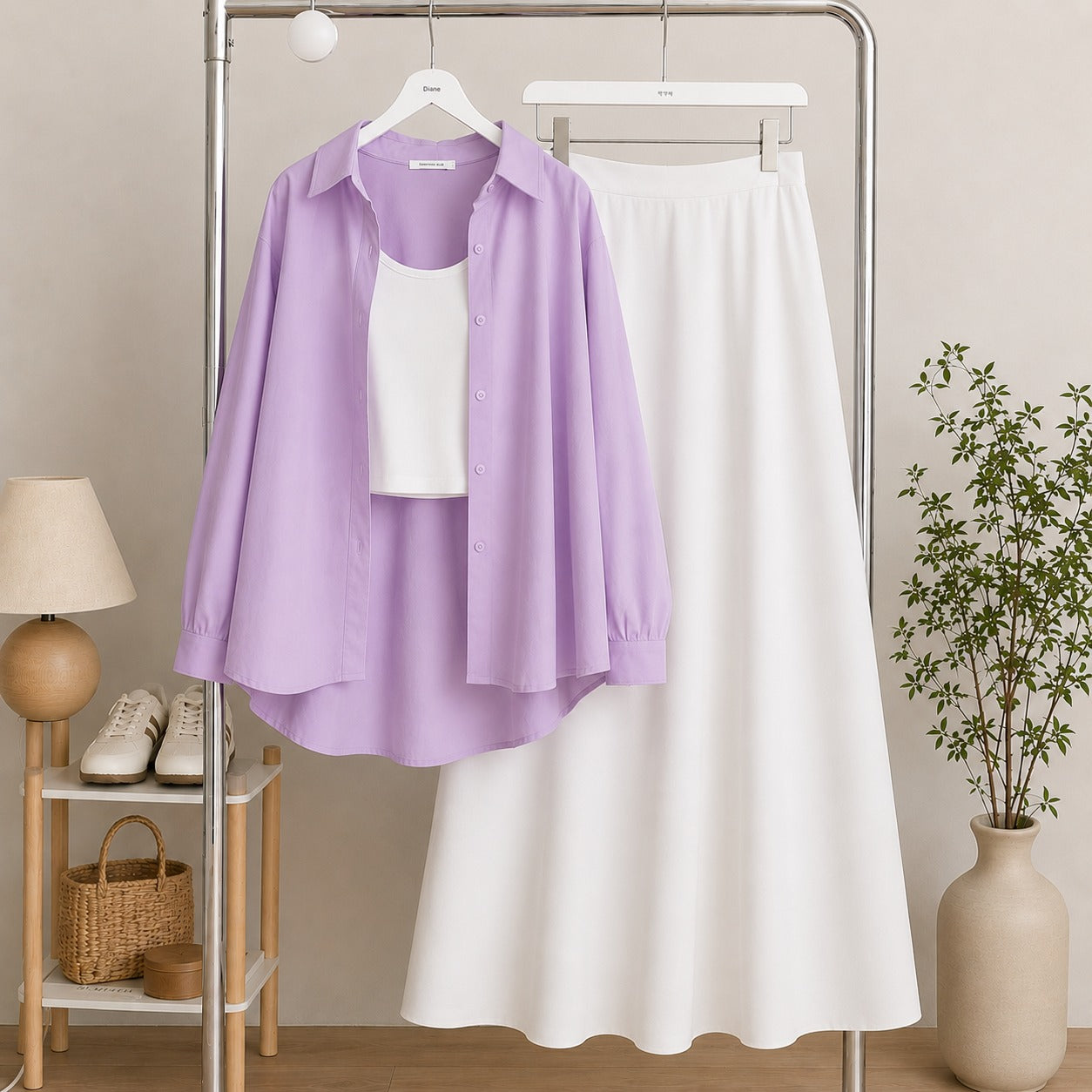 Lilac Button Down Shirt & White Inner & White Flowy Maxi Skirt