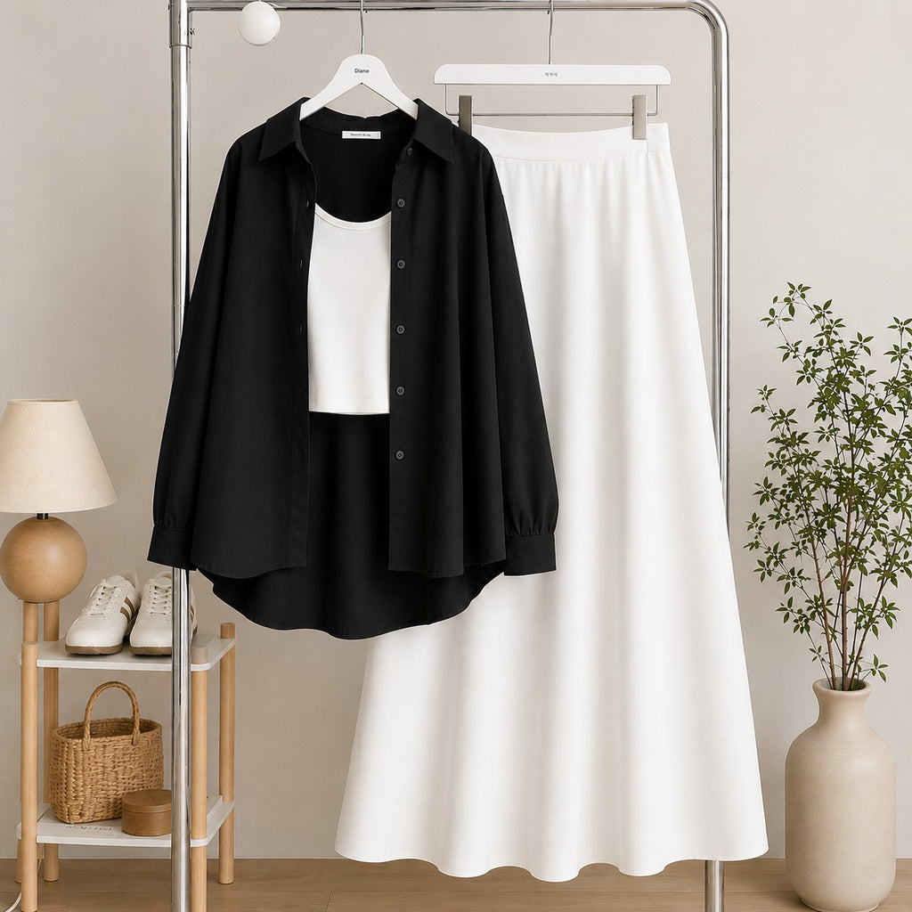Black Button Down Shirt & White Inner & White Flowy Maxi Skirt