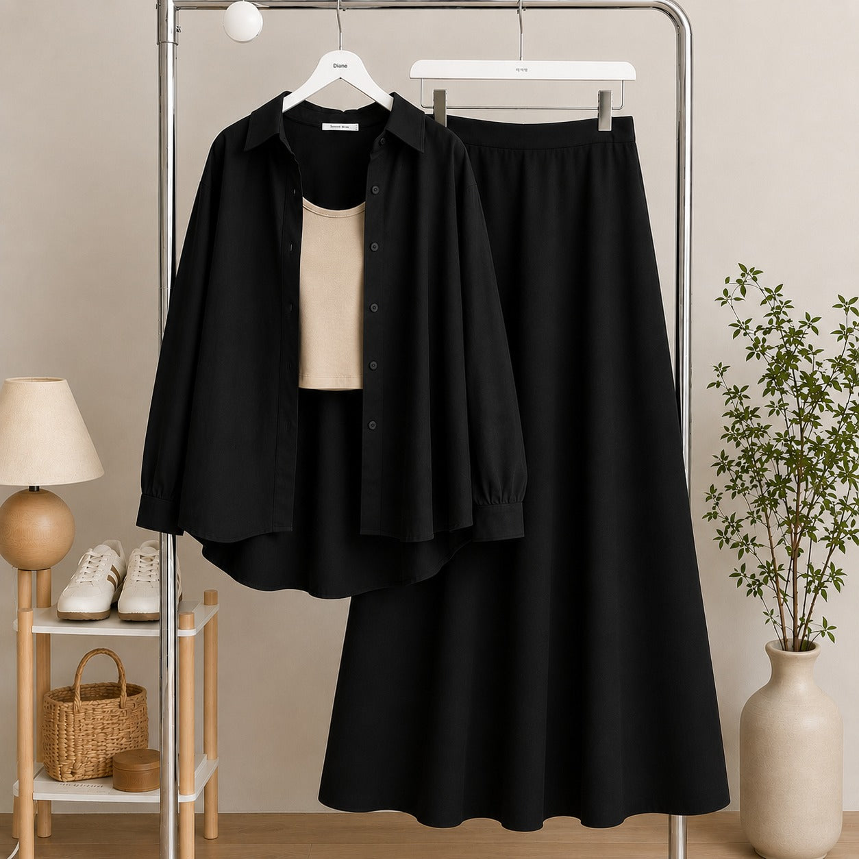 Black Button Down Shirt & Beige Inner & Black Flowy Maxi Skirt