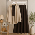 Beige Button Down Shirt & Brown Inner & Brown Flowy Maxi Skirt