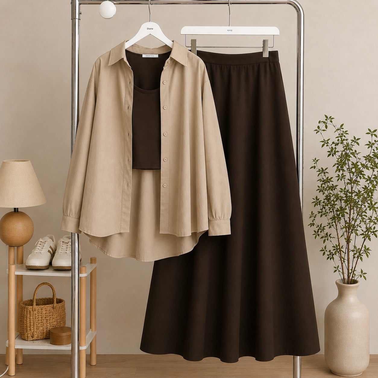 Beige Button Down Shirt & Brown Inner & Brown Flowy Maxi Skirt