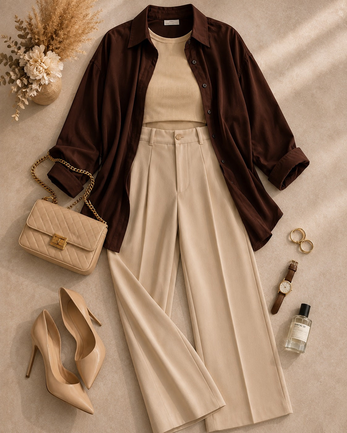 Brown Button Down Shirt & Beige Inner & Beige Formal Pant