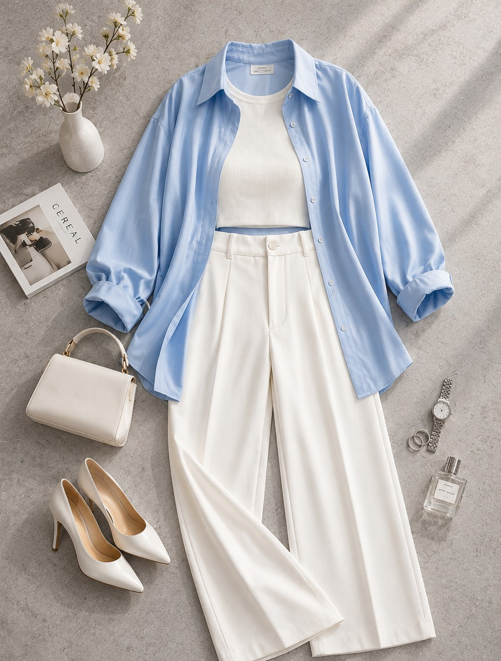 Sky-Blue Button Down Shirt & White Inner & White Formal Pant
