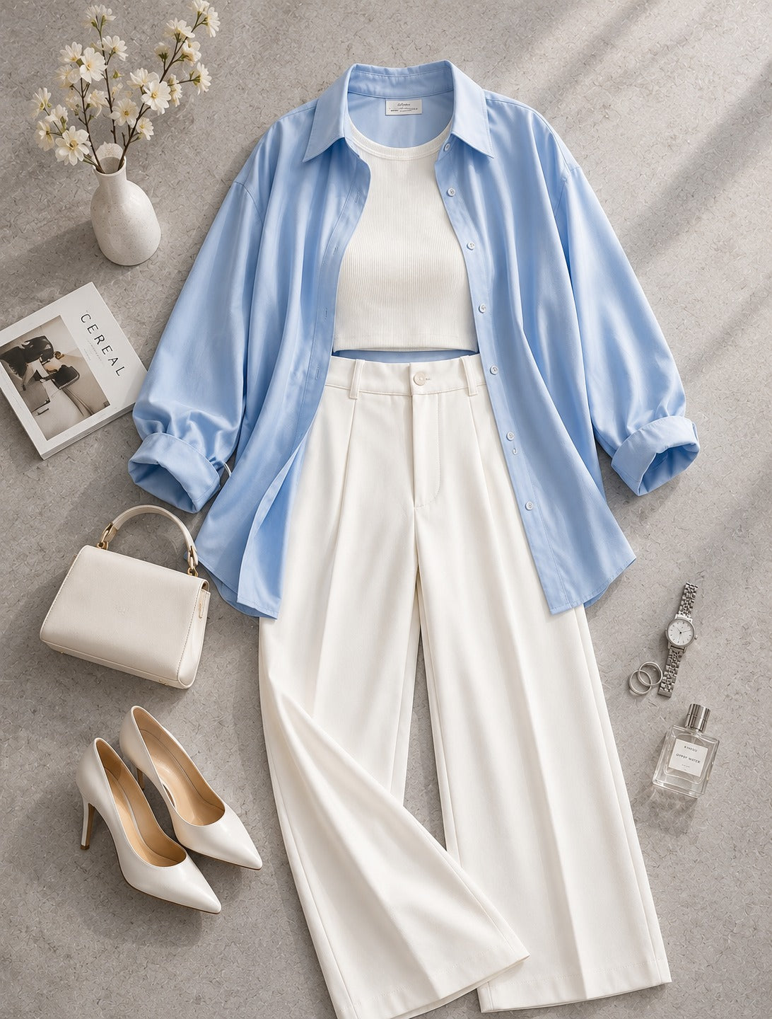 Sky-Blue Button Down Shirt & White Inner & White Formal Pant