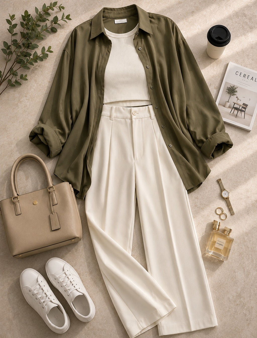 Olive-Green Button Down Shirt & White Inner & White Formal Pant