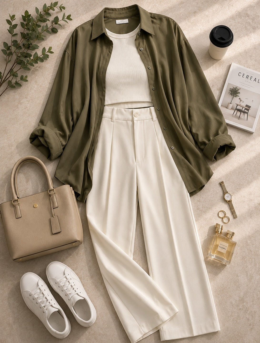 Olive-Green Button Down Shirt & White Inner & White Formal Pant