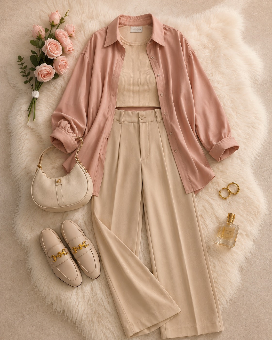Baby-Pink Button Down Shirt & Beige Inner & Beige Formal Pant
