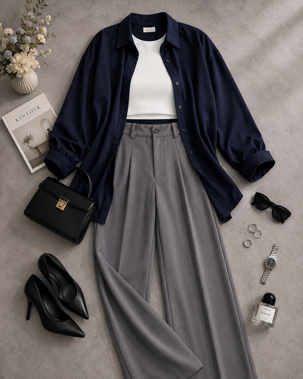 Navy-Blue Button Down Shirt & White Inner & Grey Formal Pant