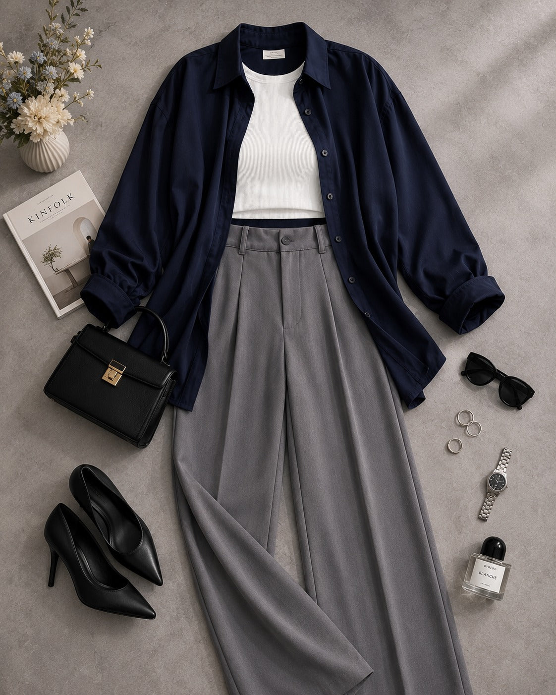 Navy-Blue Button Down Shirt & White Inner & Grey Formal Pant