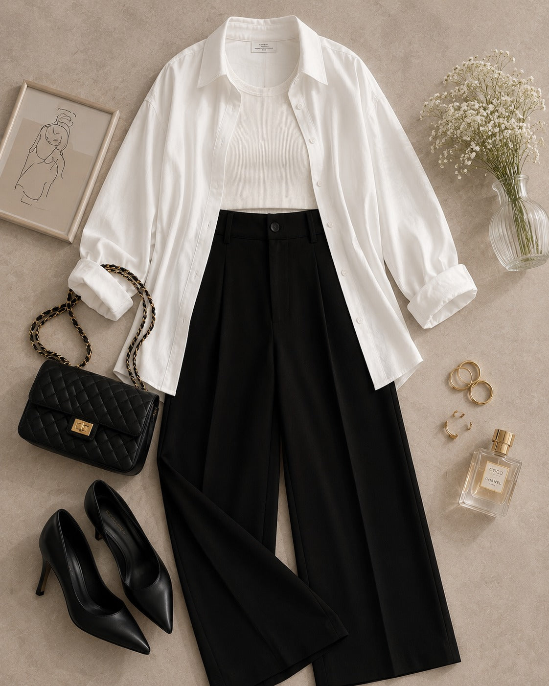 White Button Down Shirt & White Inner & Black Formal Pant