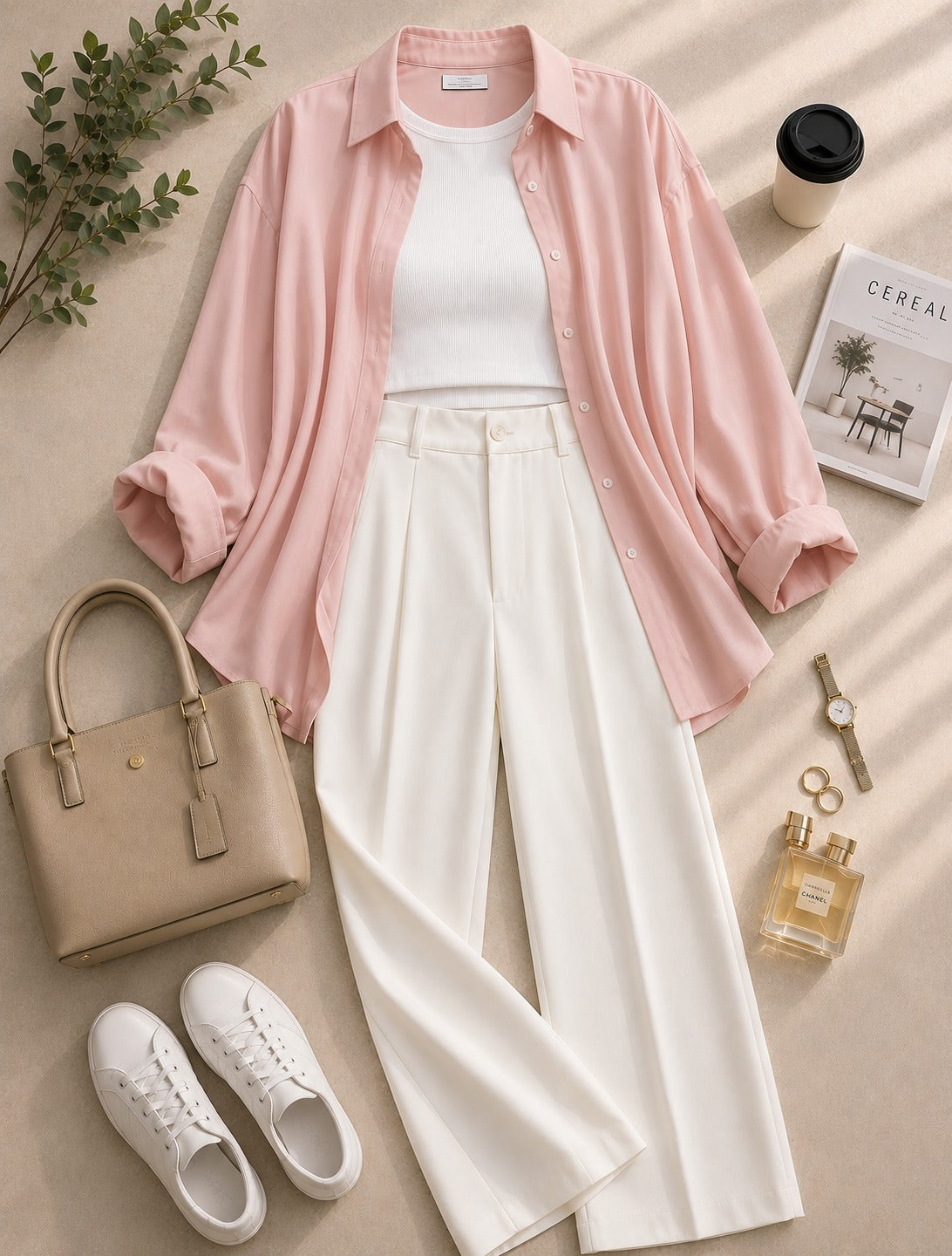 Baby-Pink Button Down Shirt & White Inner & White Formal Pant