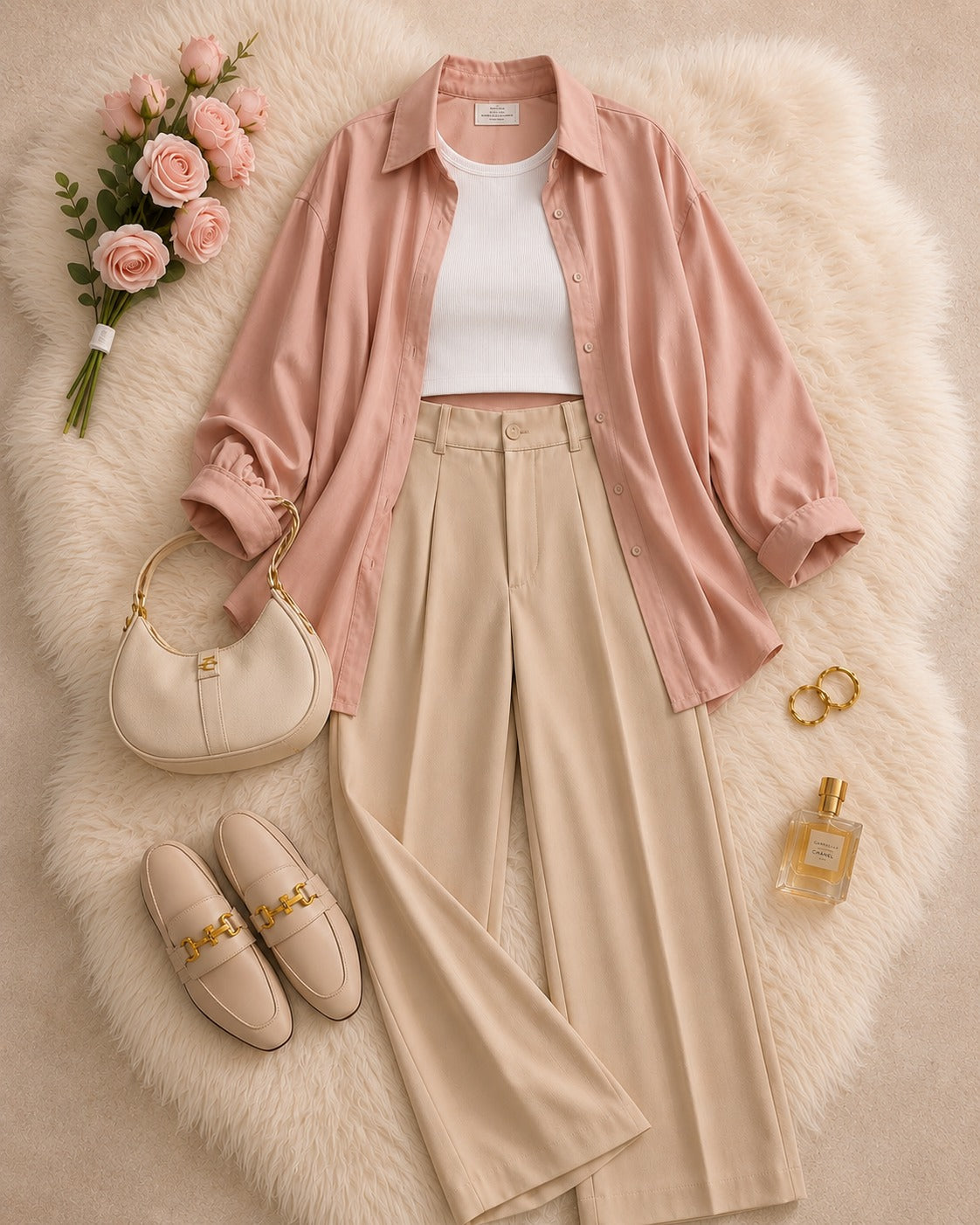 Baby-Pink Button Down Shirt & White Inner & Beige Formal Pant