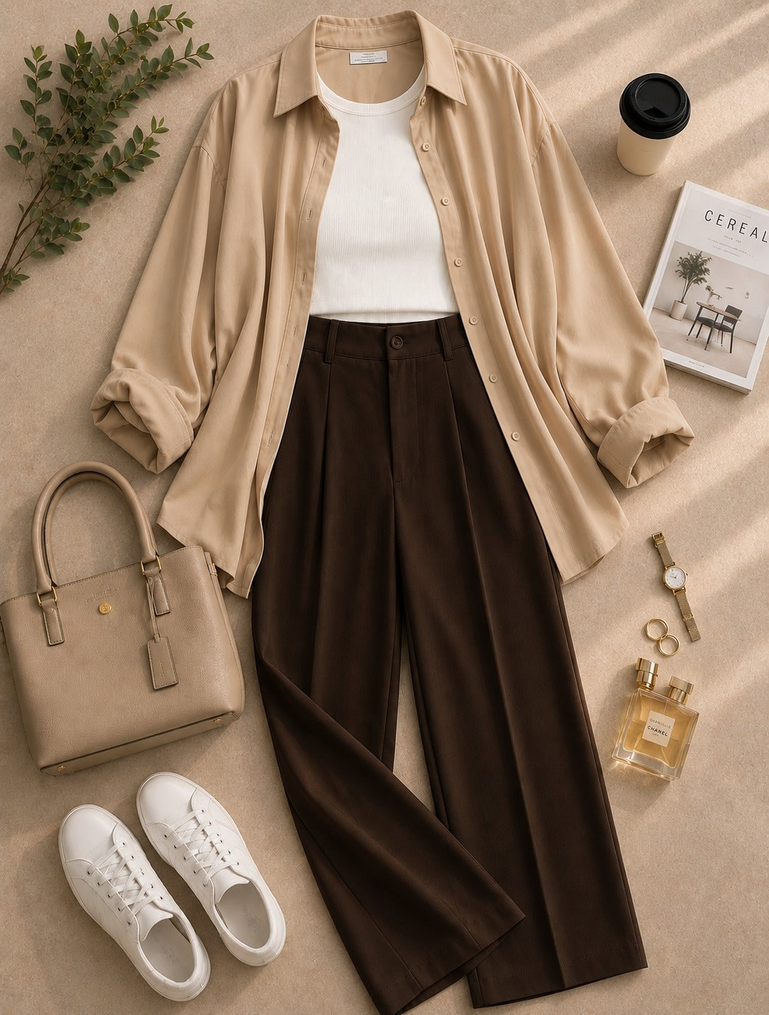 Beige Button Down Shirt & White Inner & Brown Formal Pant