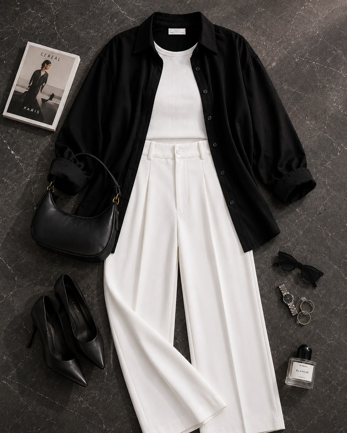 Black Button Down Shirt & White Inner & White Formal Pant