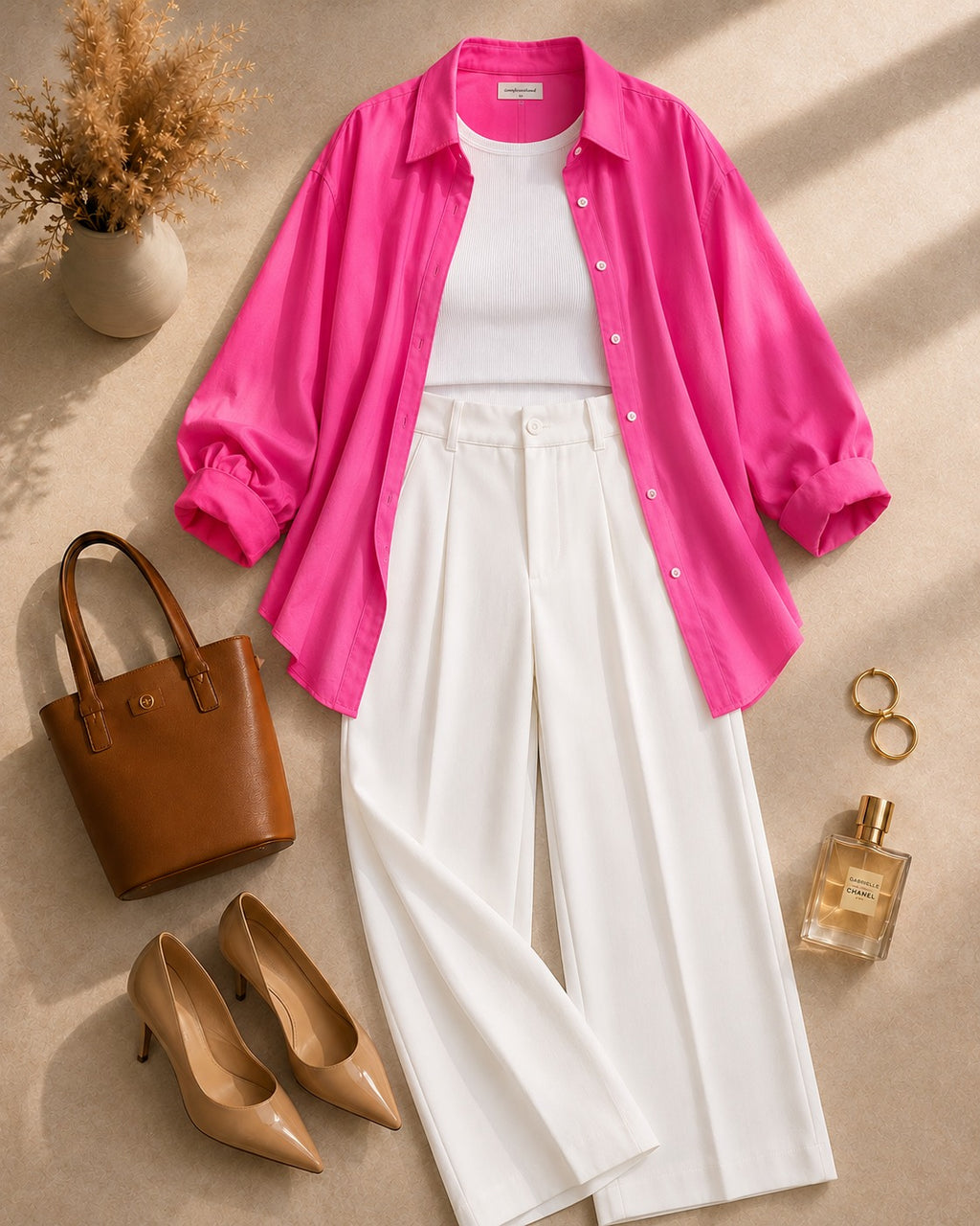 Hot-Pink Button Down Shirt & White Inner & White Formal Pant