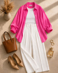 Hot-Pink Button Down Shirt & White Inner & White Formal Pant