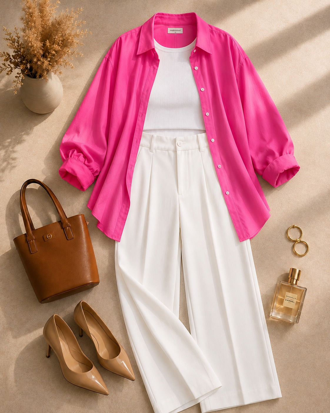 Hot-Pink Button Down Shirt & White Inner & White Formal Pant