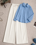 Sky-Blue Button Down Shirt & White Flapper Trouser