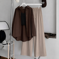 Brown Button Down , Black Inner & Beige Flapper Trouser