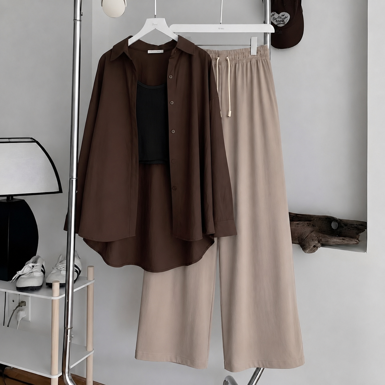Brown Button Down , Black Inner & Beige Flapper Trouser