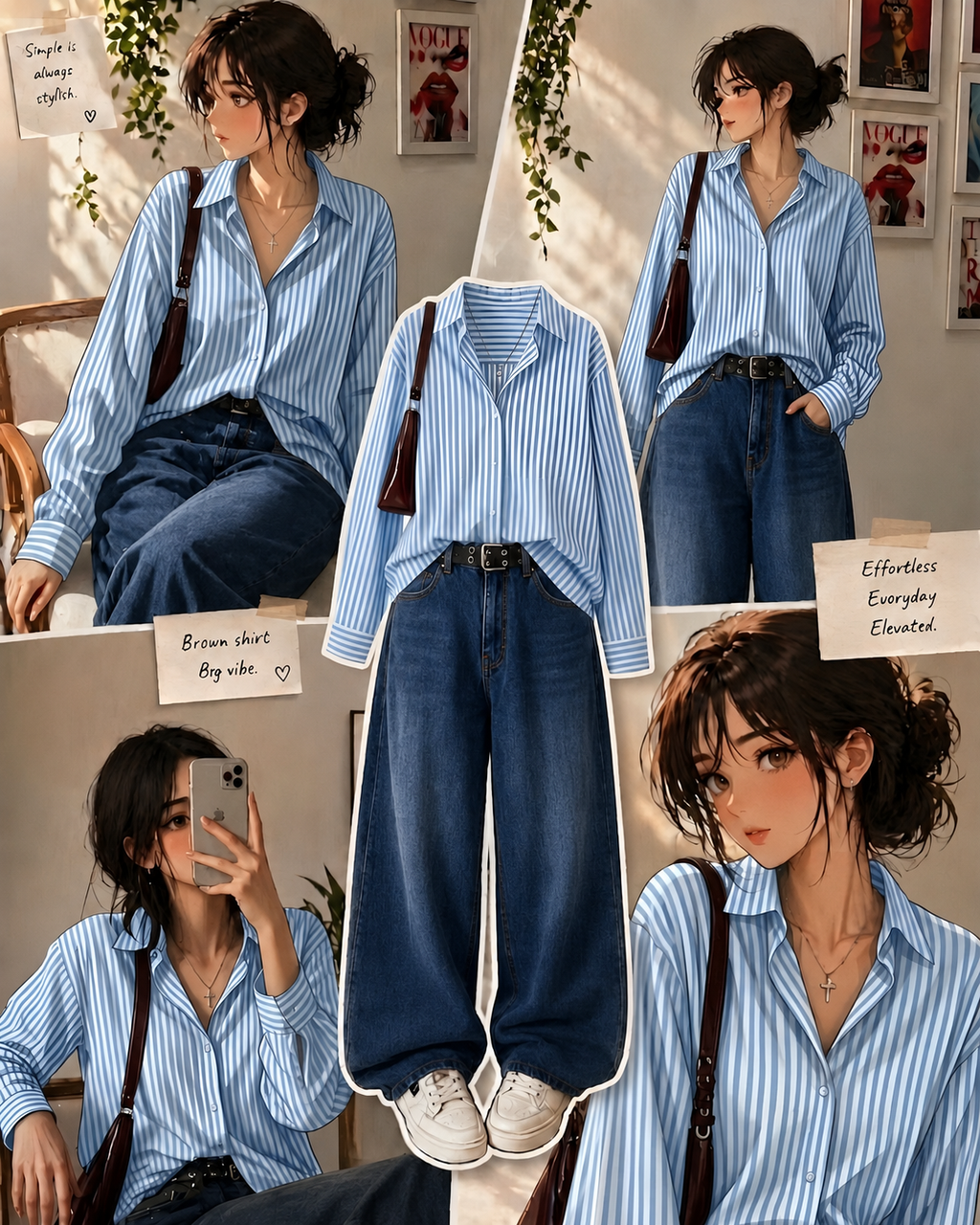 Blue Striped Button Down Shirt With Faded Dark-Blue Wide Leg Jeans