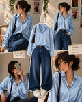 Blue Striped Button Down Shirt With Faded Dark-Blue Wide Leg Jeans