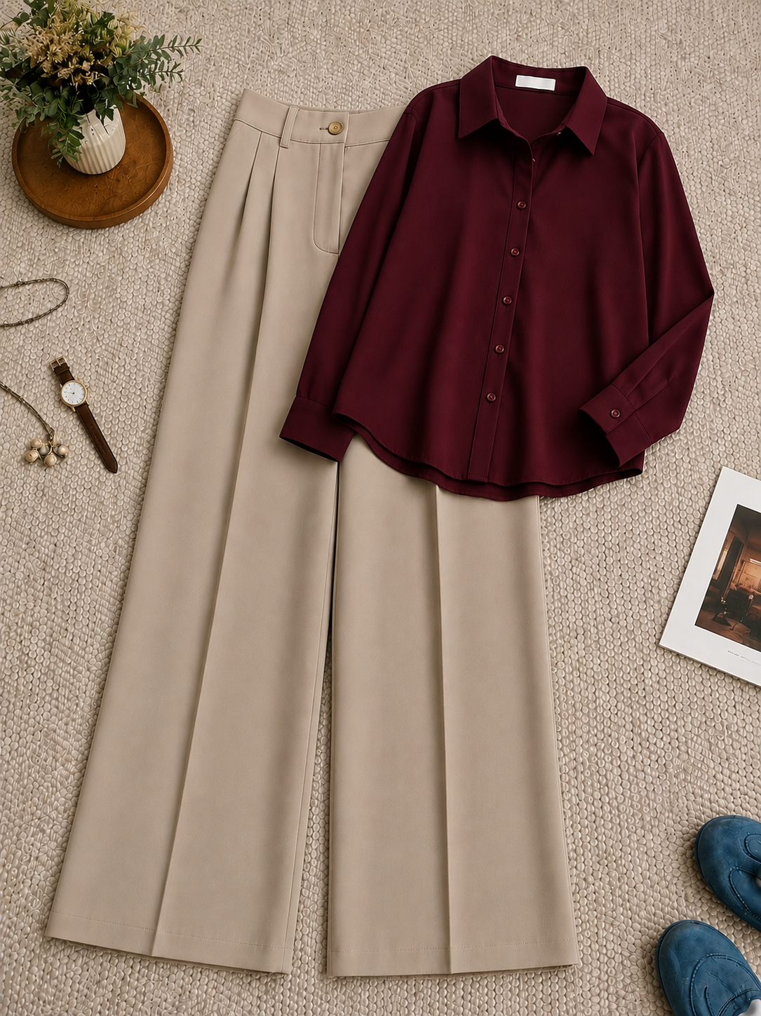 Maroon Button Down Shirt With Beige Formal Pant
