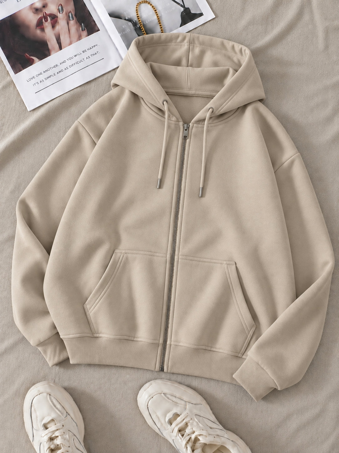 Beige Zipper Hoodie