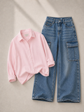 Baby-Pink Button Down Shirt With Mid-Blue Cargo Denim Jeans