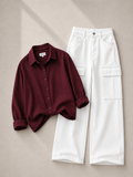 Maroon Button Down Shirt With White Cargo Denim Jeans