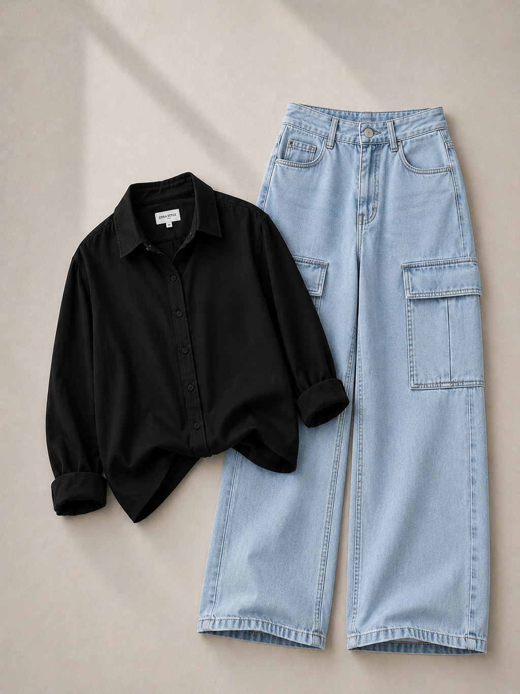 Black Button Down Shirt With Ice-Blue Cargo Denim Jeans