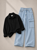 Black Button Down Shirt With Ice-Blue Cargo Denim Jeans