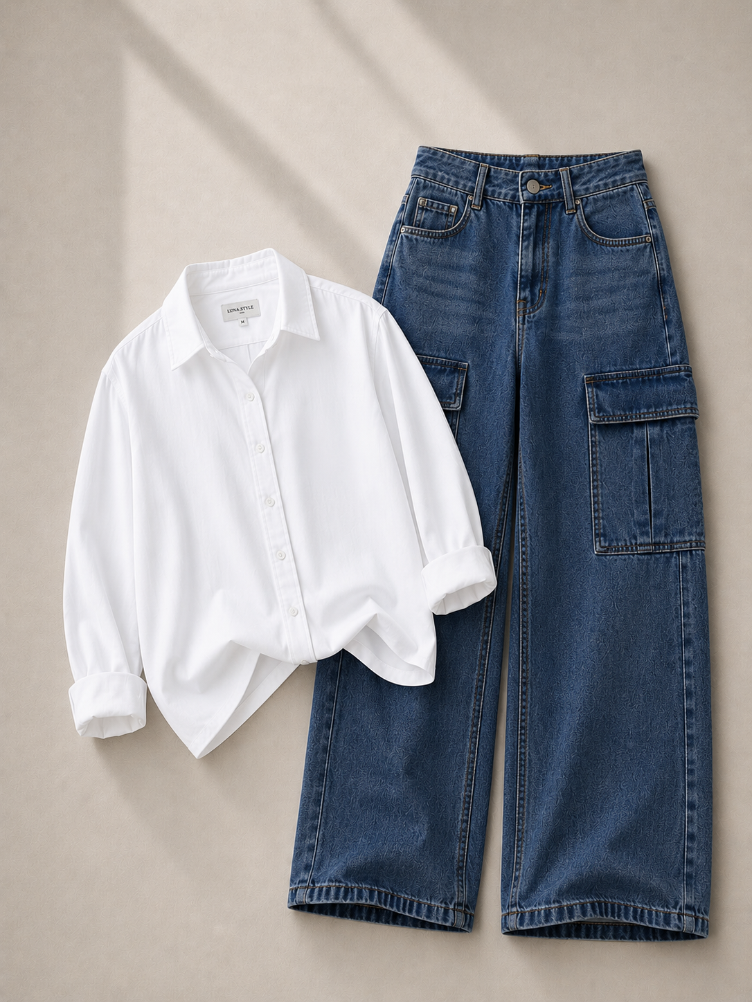 White Button Down Shirt With Mid-Blue Cargo Denim Jeans