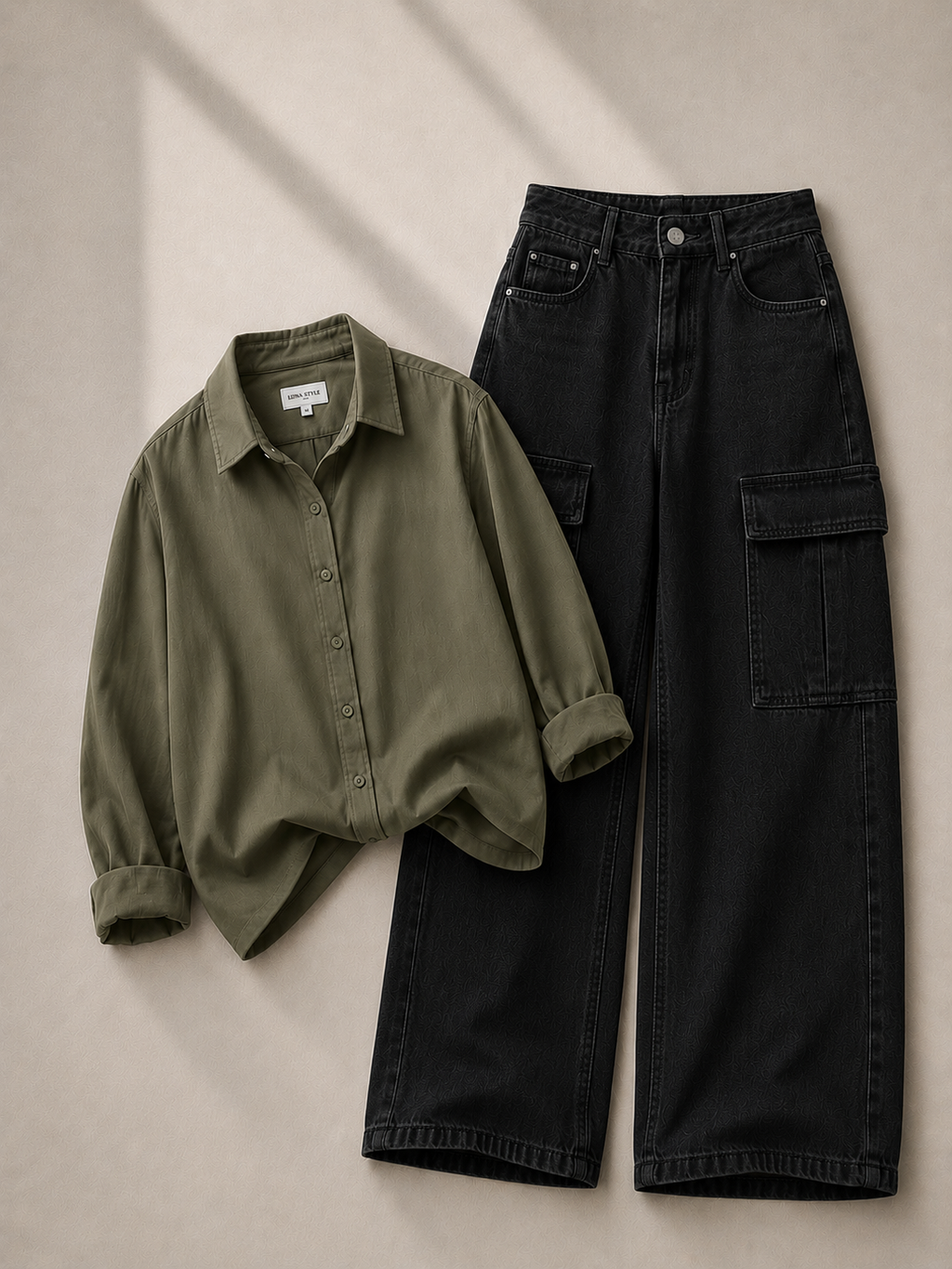 Olive-Green Button Down Shirt With Black Cargo Denim Jeans