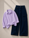 Lilac Button Down Shirt With Dark-Blue Cargo Denim Jeans