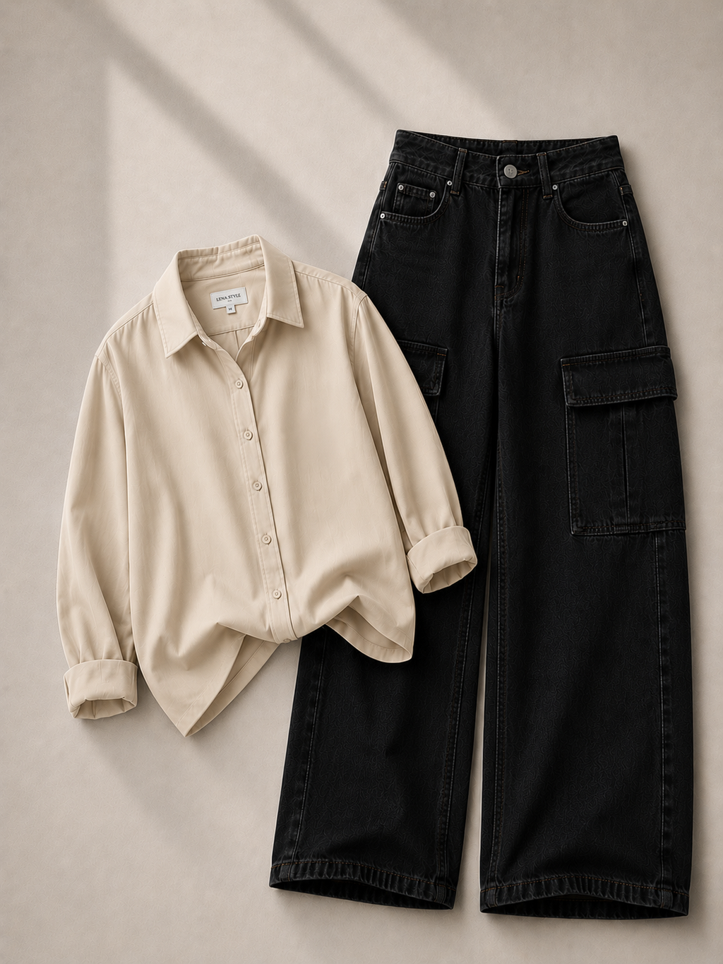 Beige Button Down Shirt With Black Cargo Denim Jeans