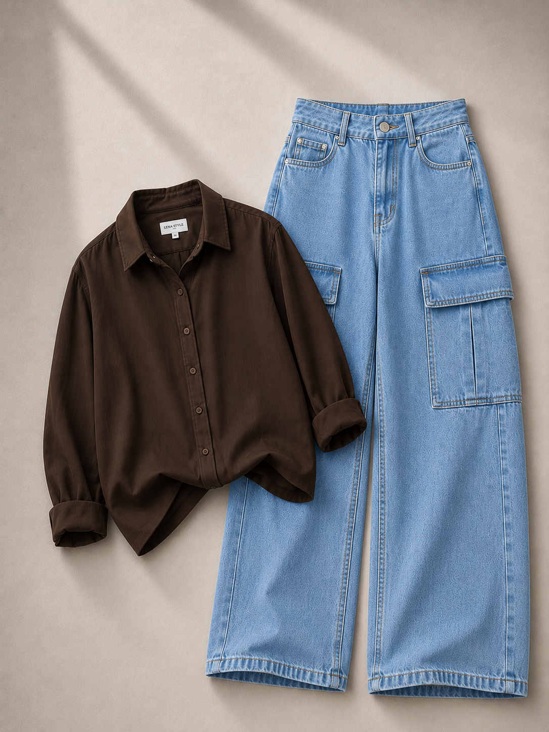 Brown Button Down Shirt With Sky-Blue Cargo Denim Jeans