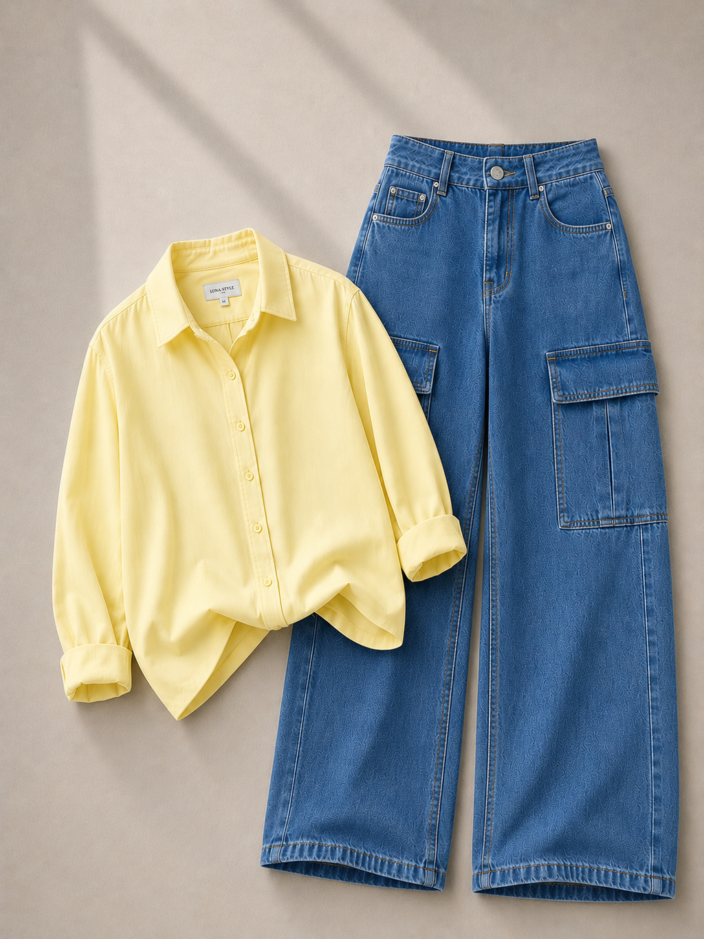 Lemon Button Down Shirt With Mid-Blue Cargo Denim Jeans