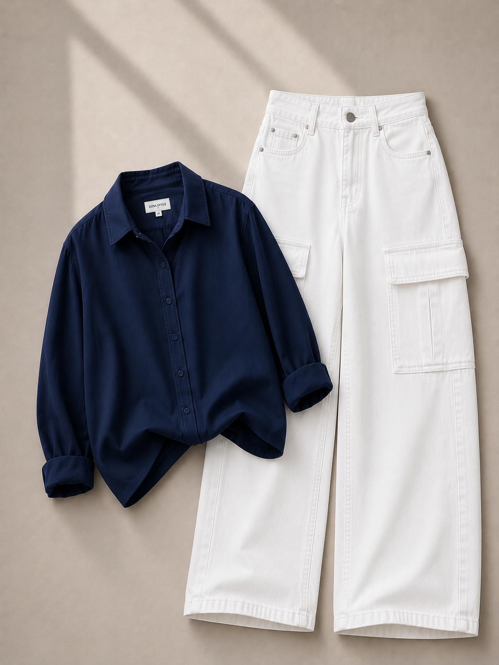 Navy-Blue Button Down Shirt With White Cargo Denim Jeans
