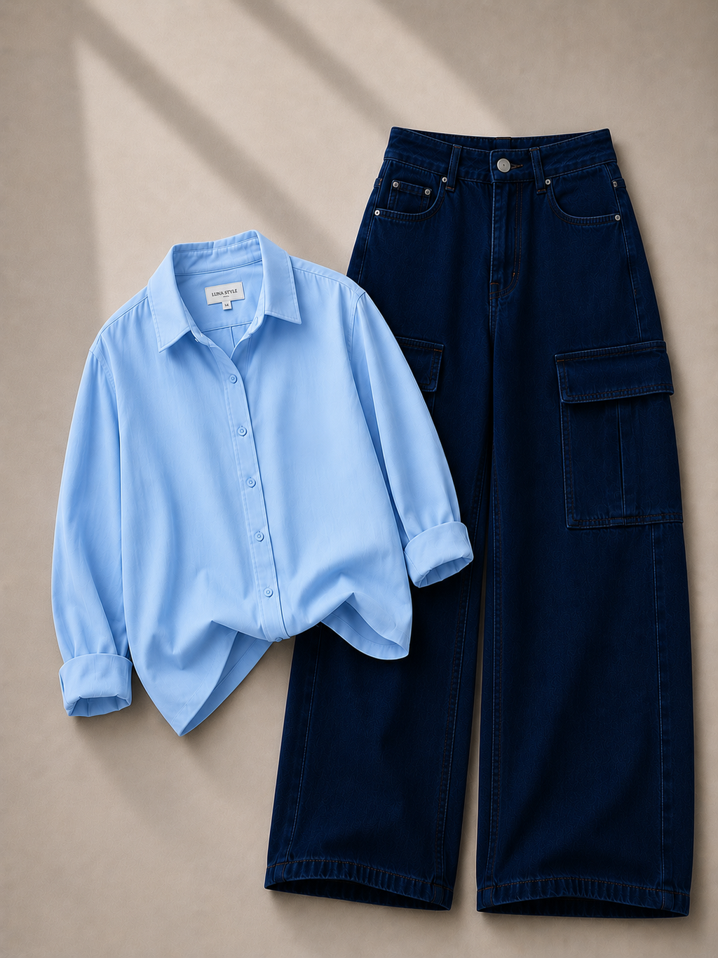 Sky-Blue Button Down Shirt With Dark-Blue Cargo Denim Jeans