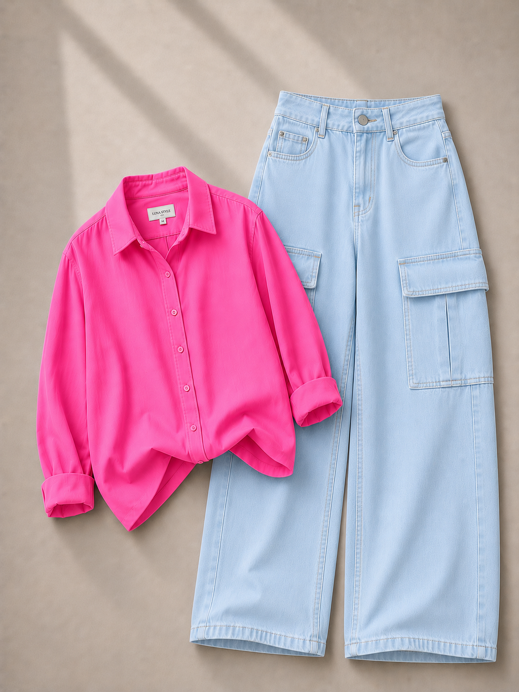 Hot-Pink Button Down Shirt With Ice-Blue Cargo Denim Jeans