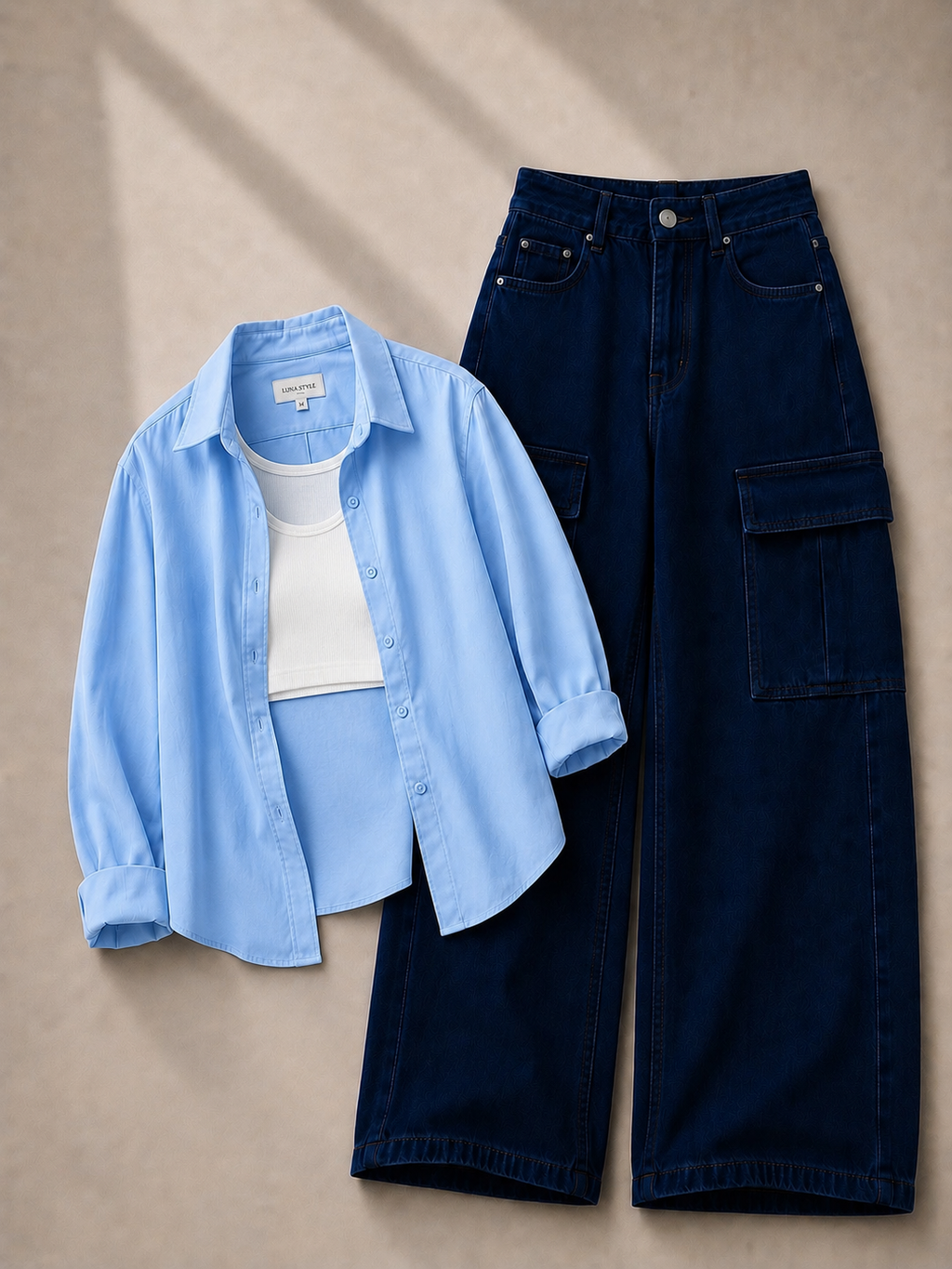 Sky-Blue Button-Down Shirt, White Tank Top & Dark-Blue Cargo Denim Jeans