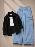 Black Button-Down Shirt, White Tank Top & Ice-Blue Cargo Denim Jeans