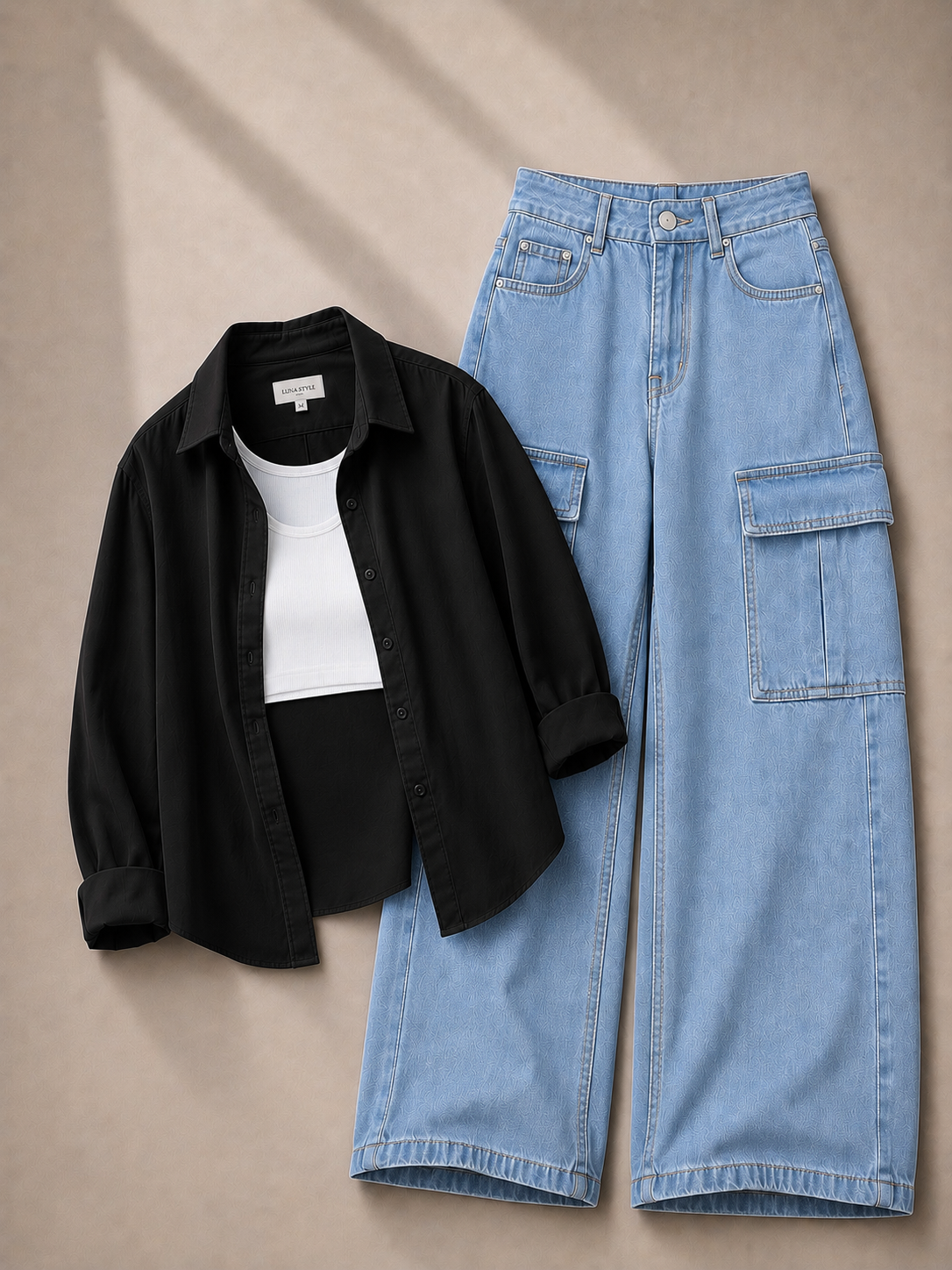 Black Button-Down Shirt, White Tank Top & Ice-Blue Cargo Denim Jeans