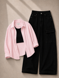 Baby-Pink Button-Down Shirt, Black Tank Top & Black Cargo Denim Jeans