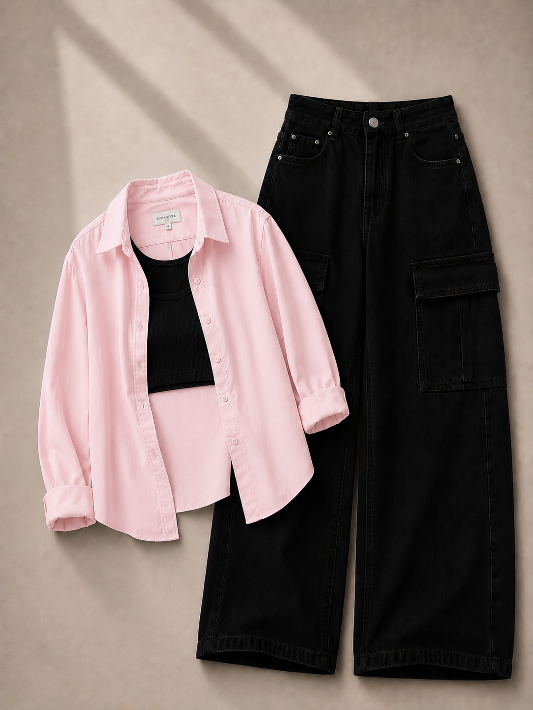 Baby-Pink Button-Down Shirt, Black Tank Top & Black Cargo Denim Jeans