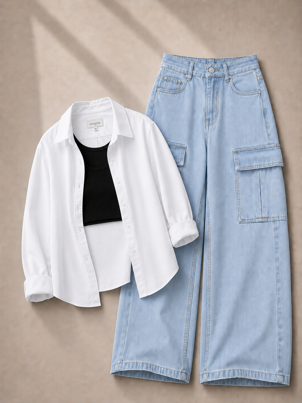 White Button-Down Shirt, Black Tank Top & Ice-Blue Cargo Denim Jeans