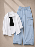White Button-Down Shirt, Black Tank Top & Ice-Blue Cargo Denim Jeans